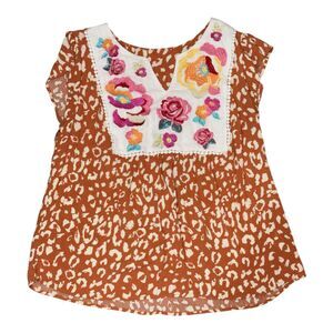 Savanna Jane Women Cheetah Print Embroidered Flowy Top Sz L Burnt Orange Boho